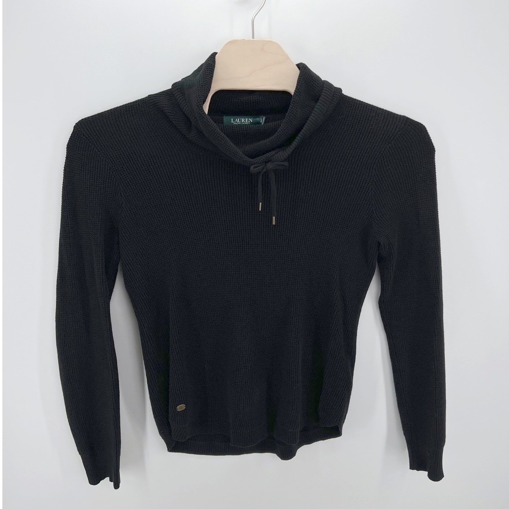 Lauren Ralph Lauren Cowl Neck Sweater Womens Large Black Waffle Knit Cotton RL